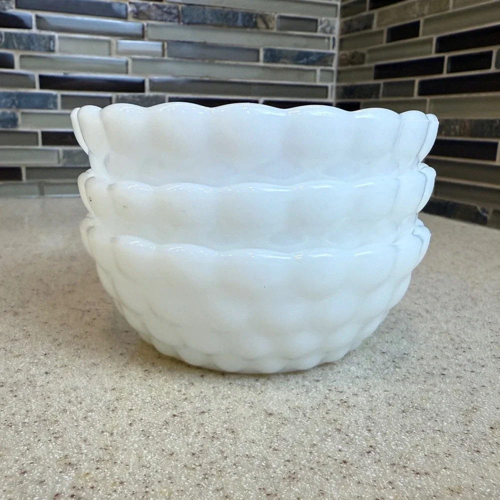 VTG 1950s Anchor Hocking White Milk Glass Hobnail Bowls 3pc Set Mid-Century 4.5